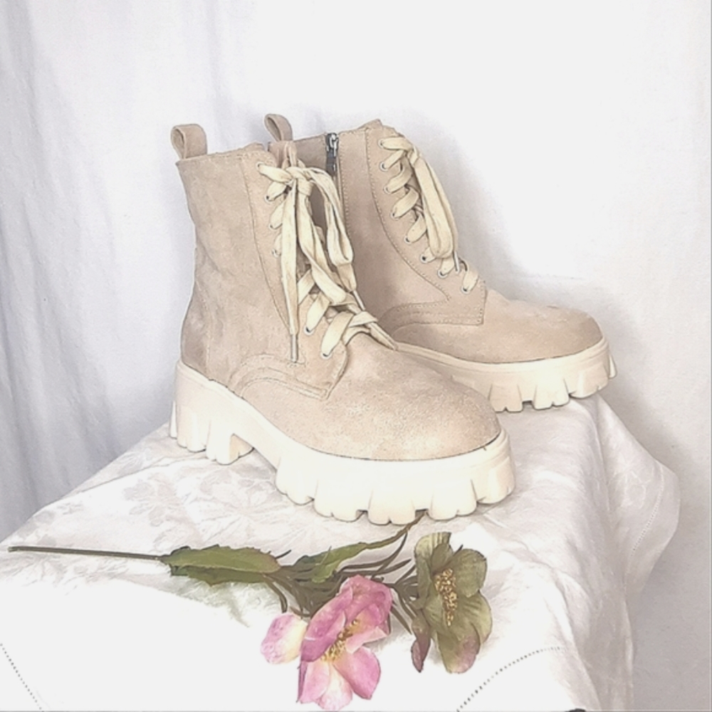 Lug Sole Combat Boots, Lace Up, Side Zip, Soft Dusty Beige
